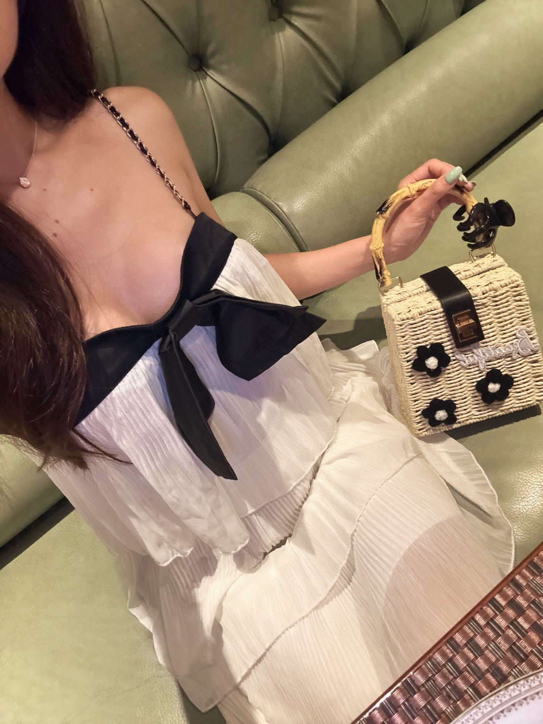 胸元リボンシフォンワンピ