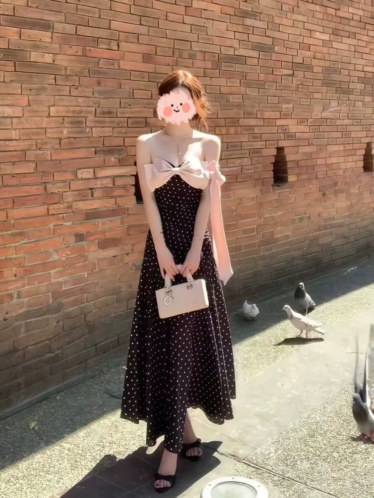 リボンオフショルドットOP