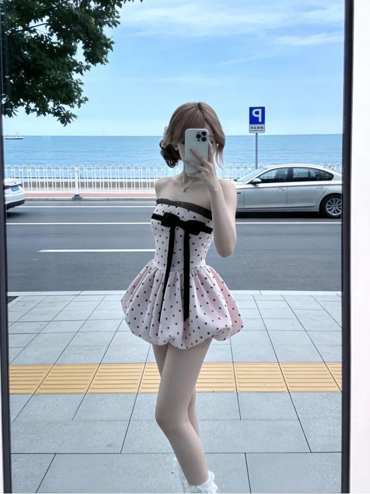 リボン×ドットピンクOP