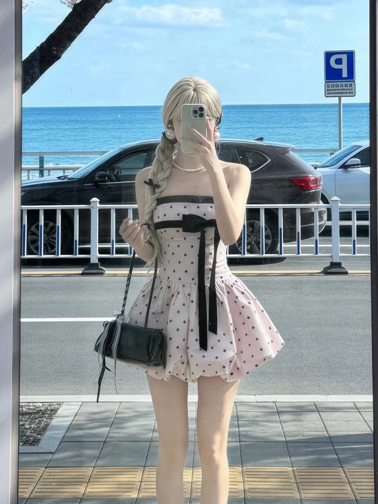 リボン×ドットピンクOP