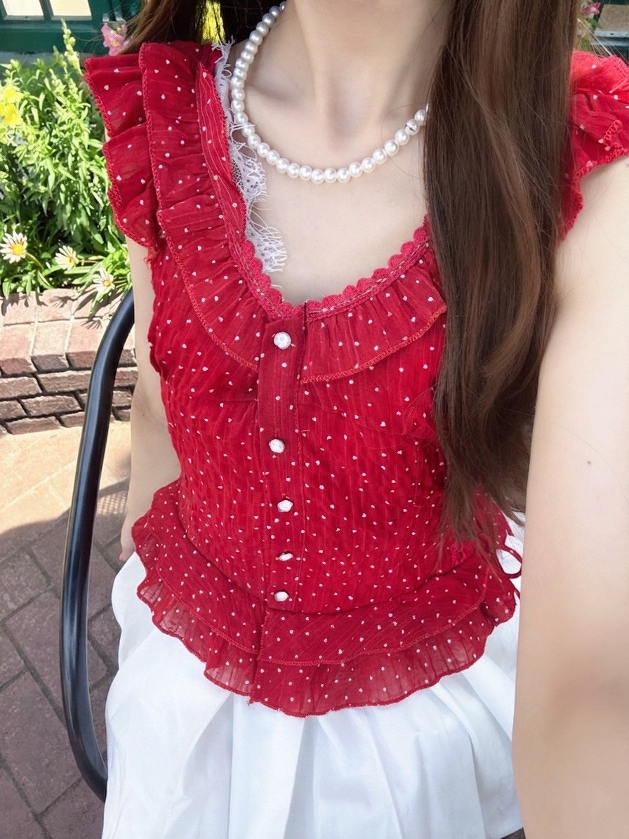 レッドフリルトップス
