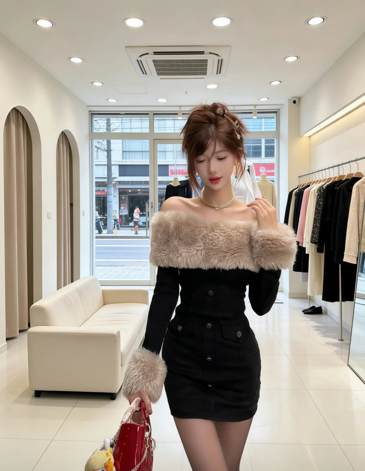 ファーオフショルワンピ
