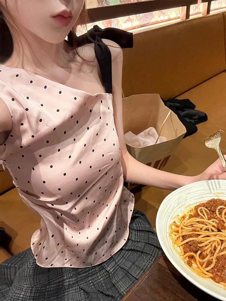リボンワンショルドットトップス